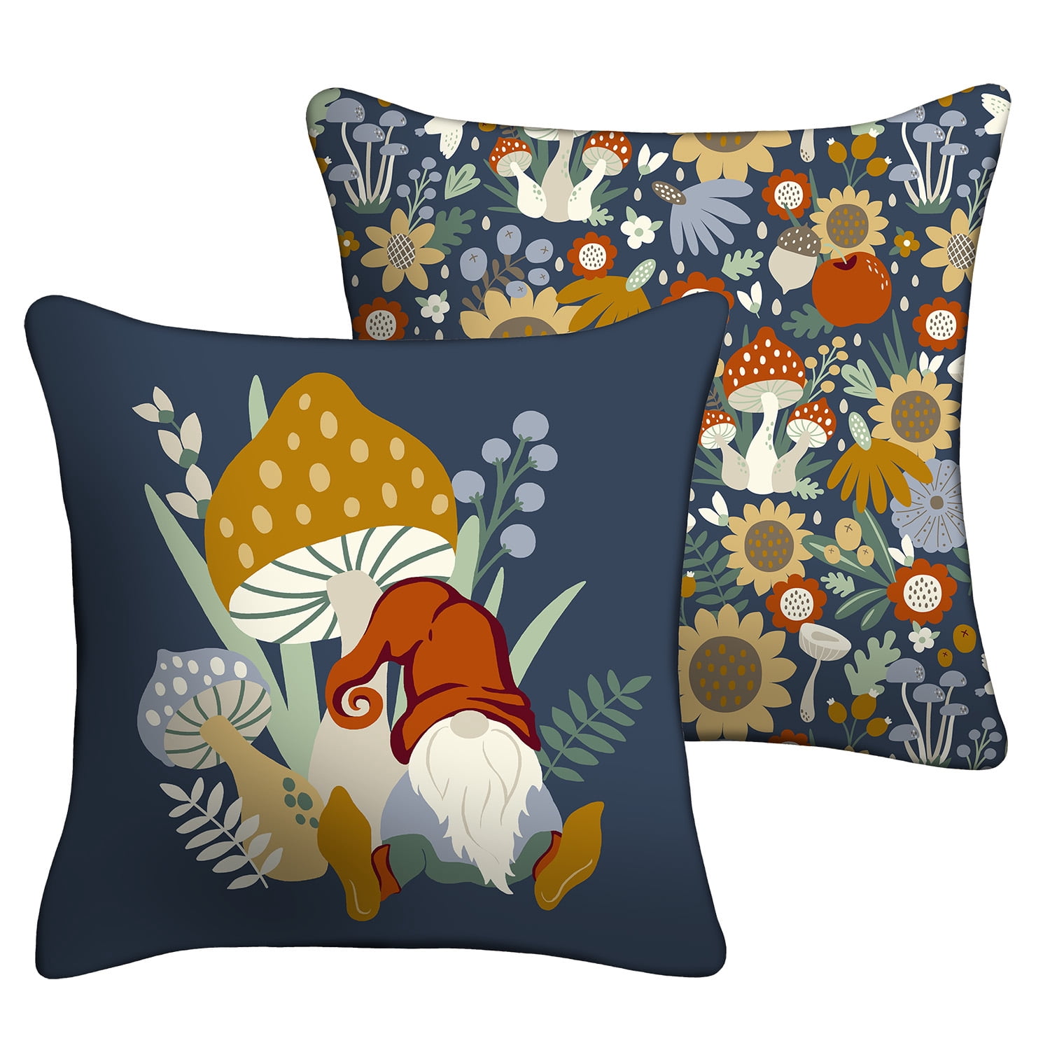 Mainstays 16" x 16" Reversible Gnome Mushroom Decorative Outdoor Throw Pillow, Navy, 1 Count