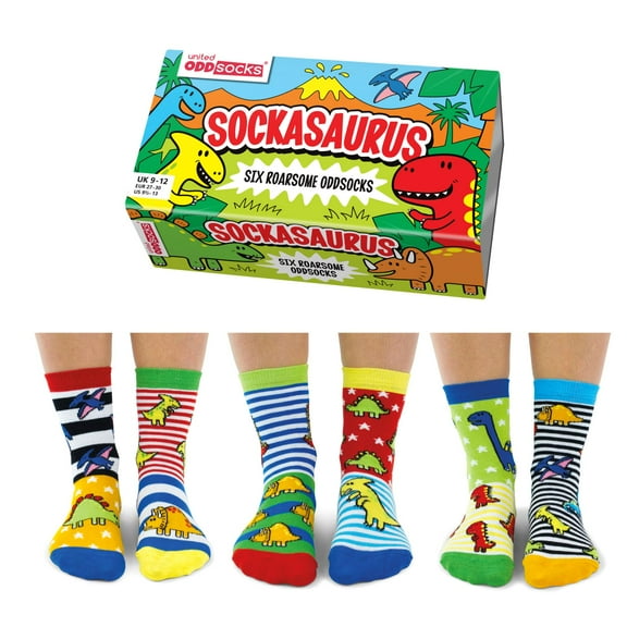 United Oddsocks Sockasaurus Six Mis-Matched Stripes US 9.5-13 Boys Dinosaur Socks
