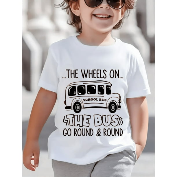 Kid'S Single T-Shirt, Casual Cotton Crew Neck Kids T-Shirt | Regular Fit Knit Fabric Top with "The Wheels on the Bus" Cartoon Print for Boys and Girls | Summer Short Sleeve Tee with Slight