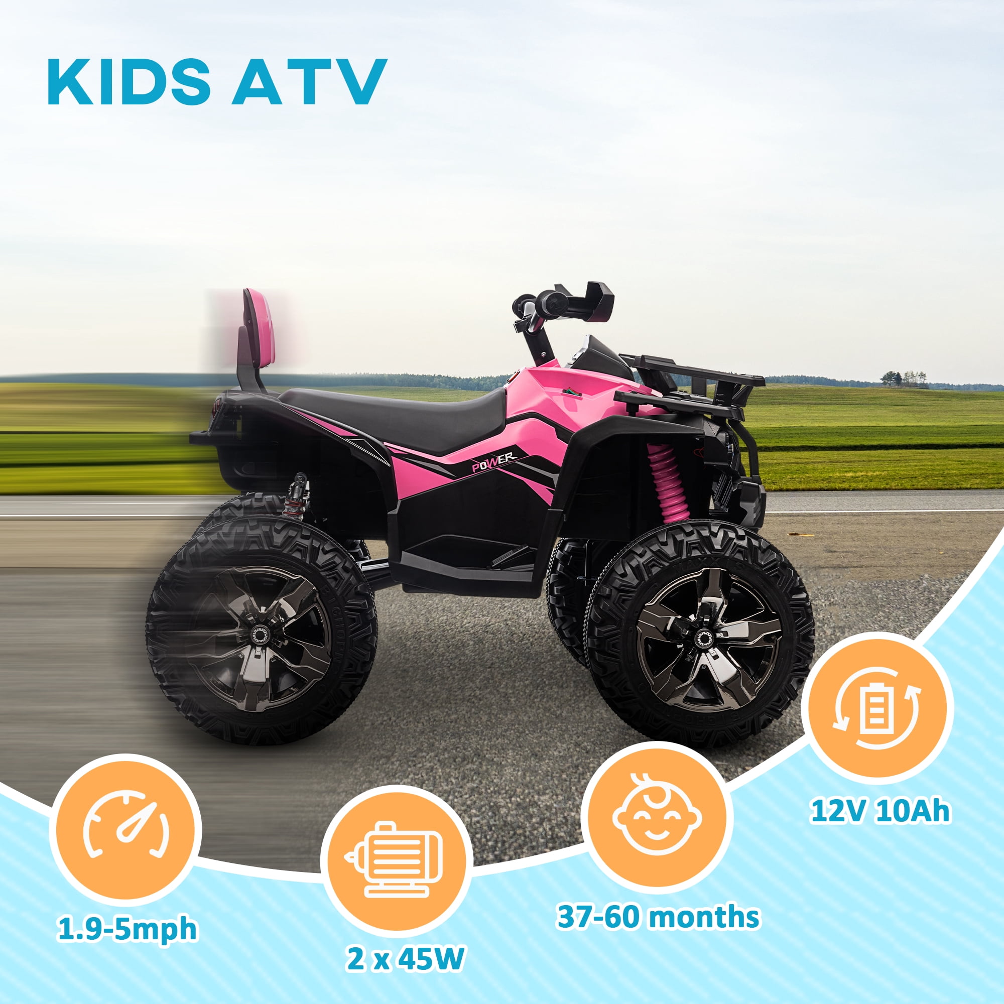 Aosom Kids ATV, 12V 4 Wheeler Ride on Quad Car Toy with Music, Headlights, Battery Powered Electric Vehicle for Boys and Girls, Pink