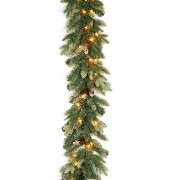 National Tree Company Pre-Lit Feel Real® Artificial Christmas Garland, Green, Copenhagen Spruce, Flocked Pine Cones, 50 Clear Lights, 9 Feet