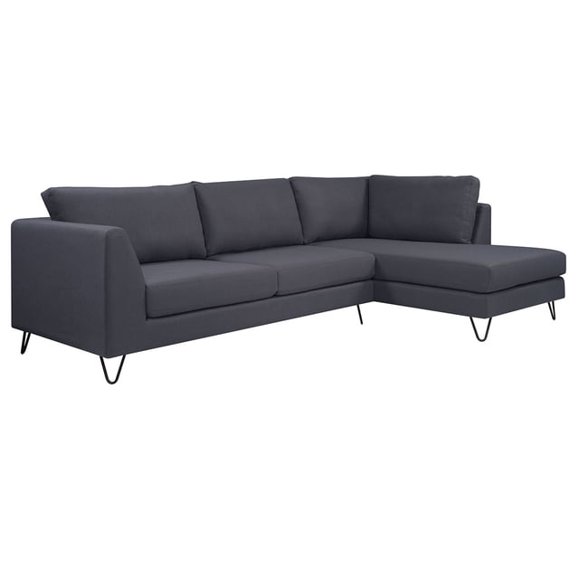sala esquinera derecha yoco estilo retro color gris oscuro sala esquinera en L Yoco en tela gris oscuro con brazos rectos y cojines sueltos, patas metálicas negras en forma de horquilla; vista frontal 3/4 sobre fondo blanco. Medidas 85x163x270 cm, se entrega ensamblada; también suele usarse como sofá para área de televisión o sala de espera.