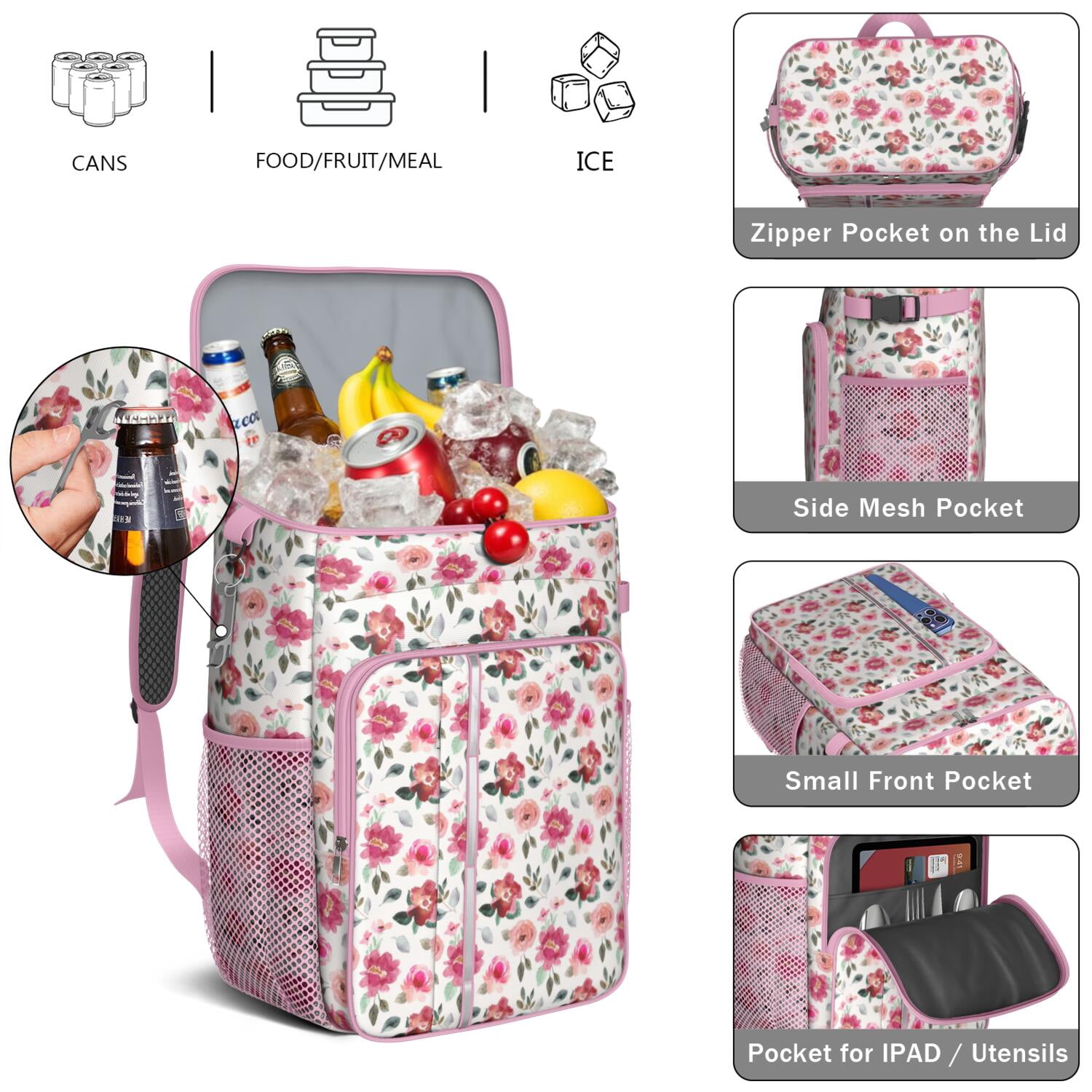 Travel Cooler Bag - Pioneer Flower Camping Beer Cooler Backpack with Bottle Opener- Waterproof Insulated Picnic Backpacks - Cooler Bag for Beach
