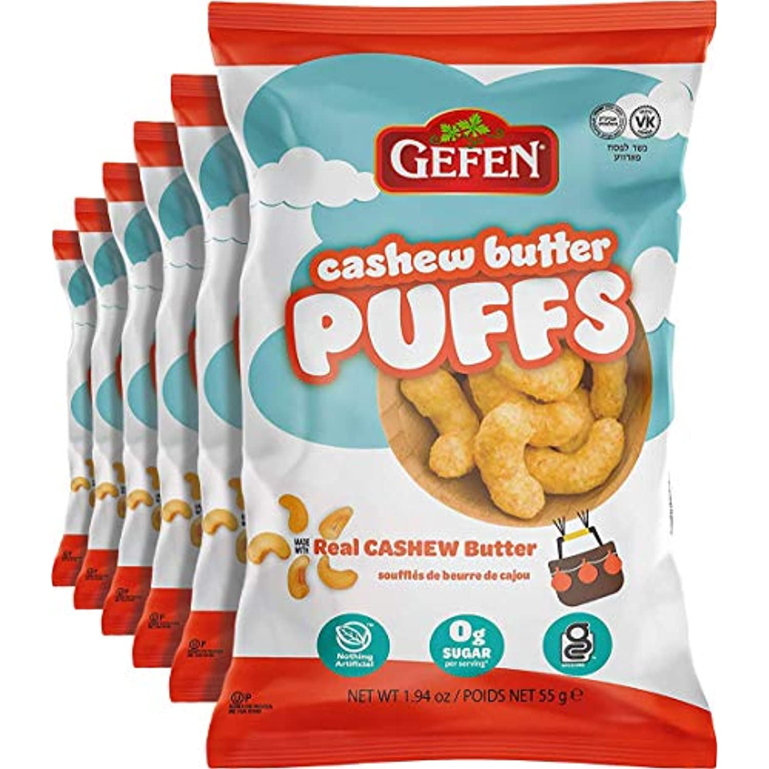 Gefen Gluten Free Cashew Butter Puffs 1.94Oz (6 Pack), All Natural, Zero Sugar, Kosher For