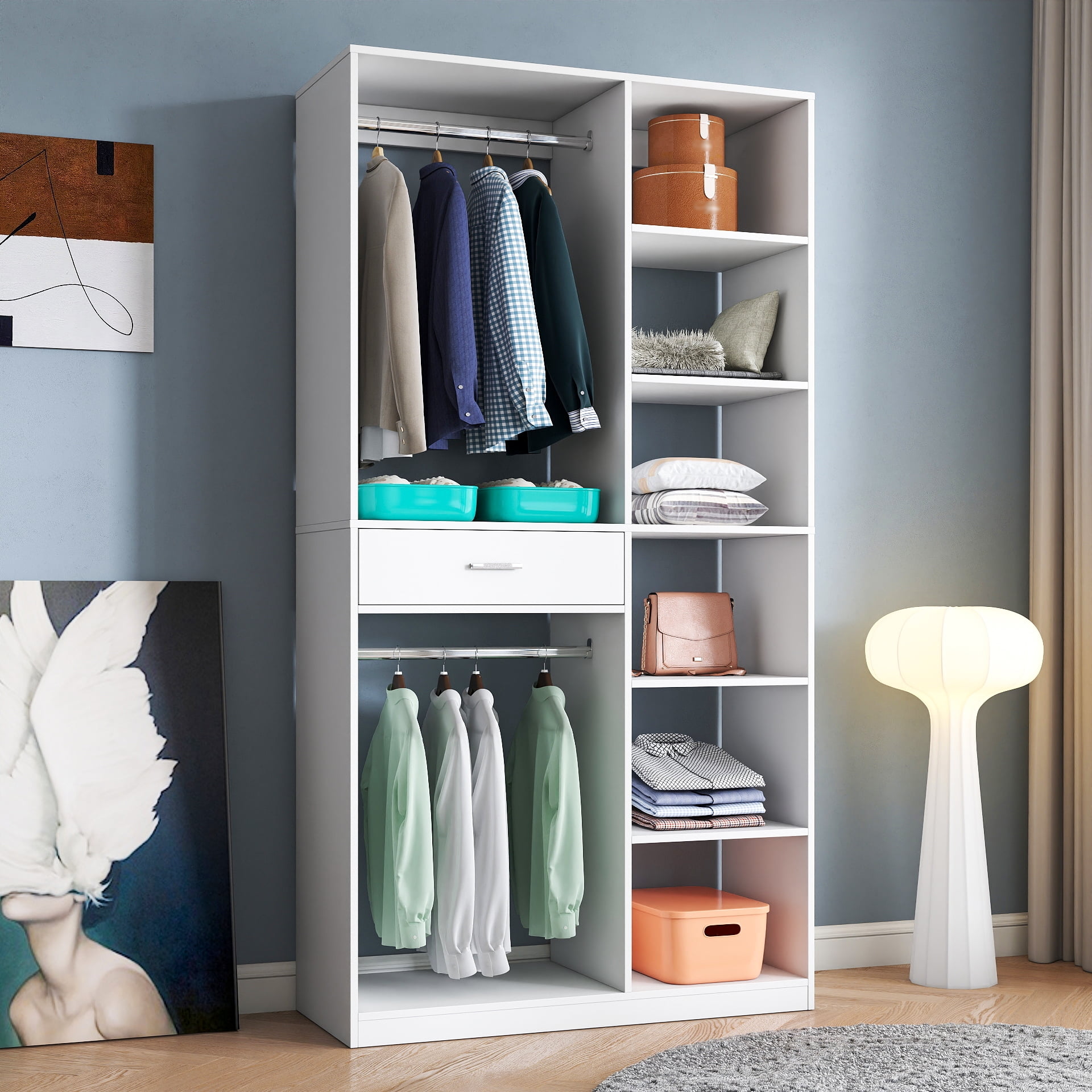 Freestanding Closet System Wardrobe with 6 Open Shelves 2 Hanging Rod 1 Drawer, White