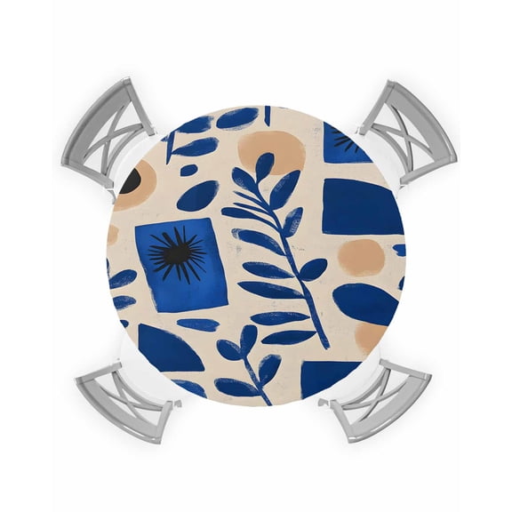 nqOlkjepod Blue Geometric Round Tablecloth, Fitted Table Cover with Elastic for 55"-60" Round Tables, Botanical Abstract Color Block Table Cloth Outdoor Indoor Dinning Party Waterproof Tablecloths