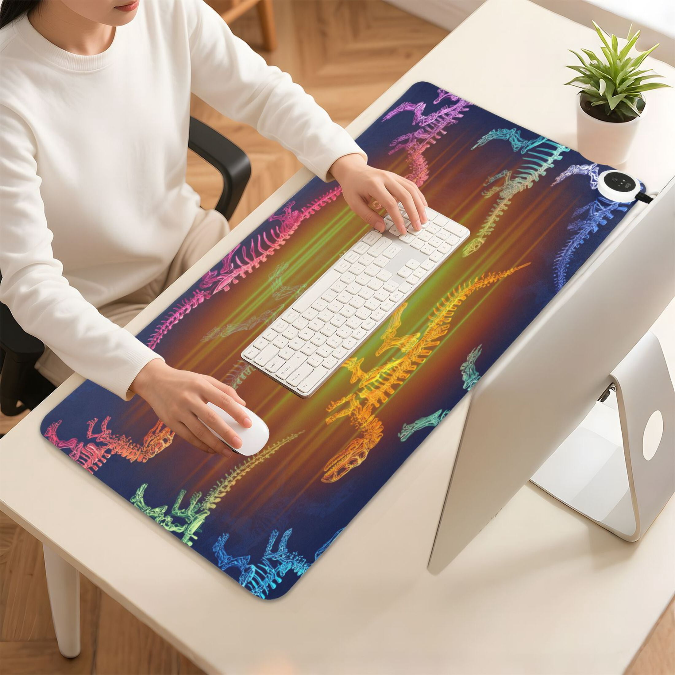 Large Heated Desk Mat Mouse Pad 31.5"x13"PU Leather Graphene Heating Desk Warmer with 3 Temperature Settings 110V US Plug Non-Slip Warm Pad for Home, Office, and Gaming Vividly Colored Dinosaur Bones