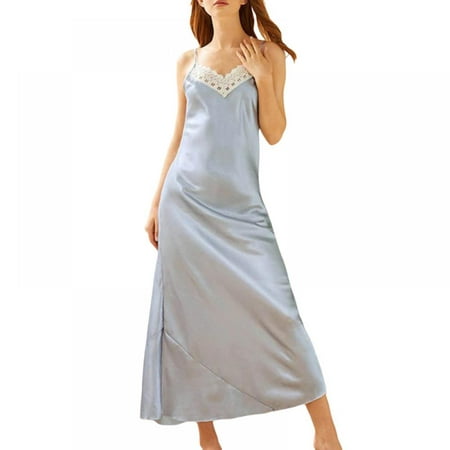 

Satin Long Nightgowns for Women Silk Lace Chemise Sleepshirt Sexy Cami Sleeveless Full Slip Nightdress