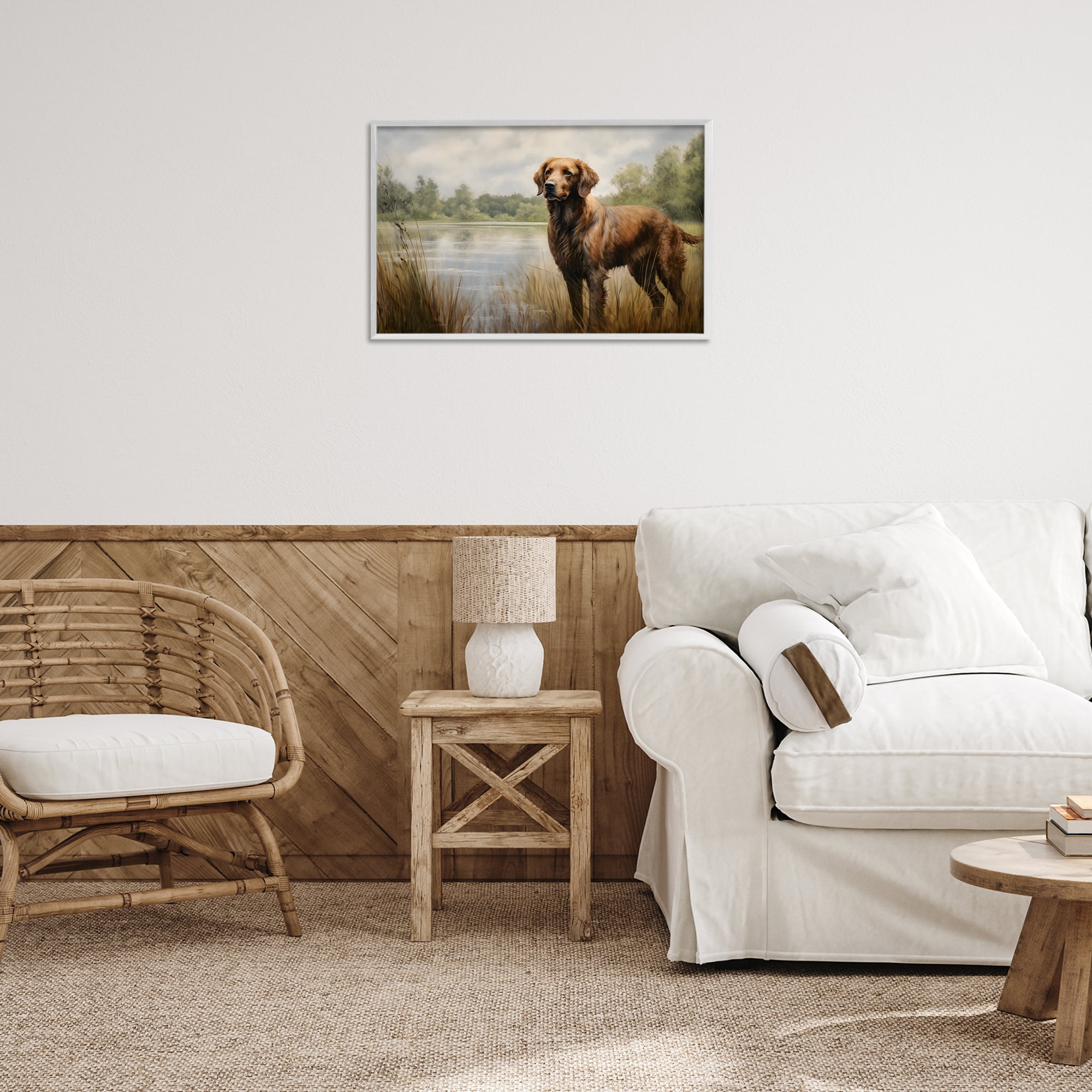 Stupell Industries Retriever Dog & Pond Landscape Painting White Framed Art Print Wall Art, 24 x 16