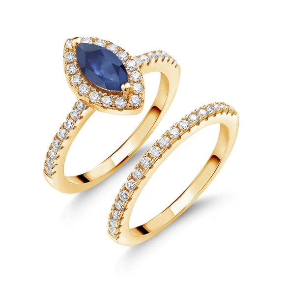 Gem Stone King 18K Yellow Gold Plated Silver Ring Marquise Blue Sapphire and Moissanite (1.15 Cttw, Size 6)