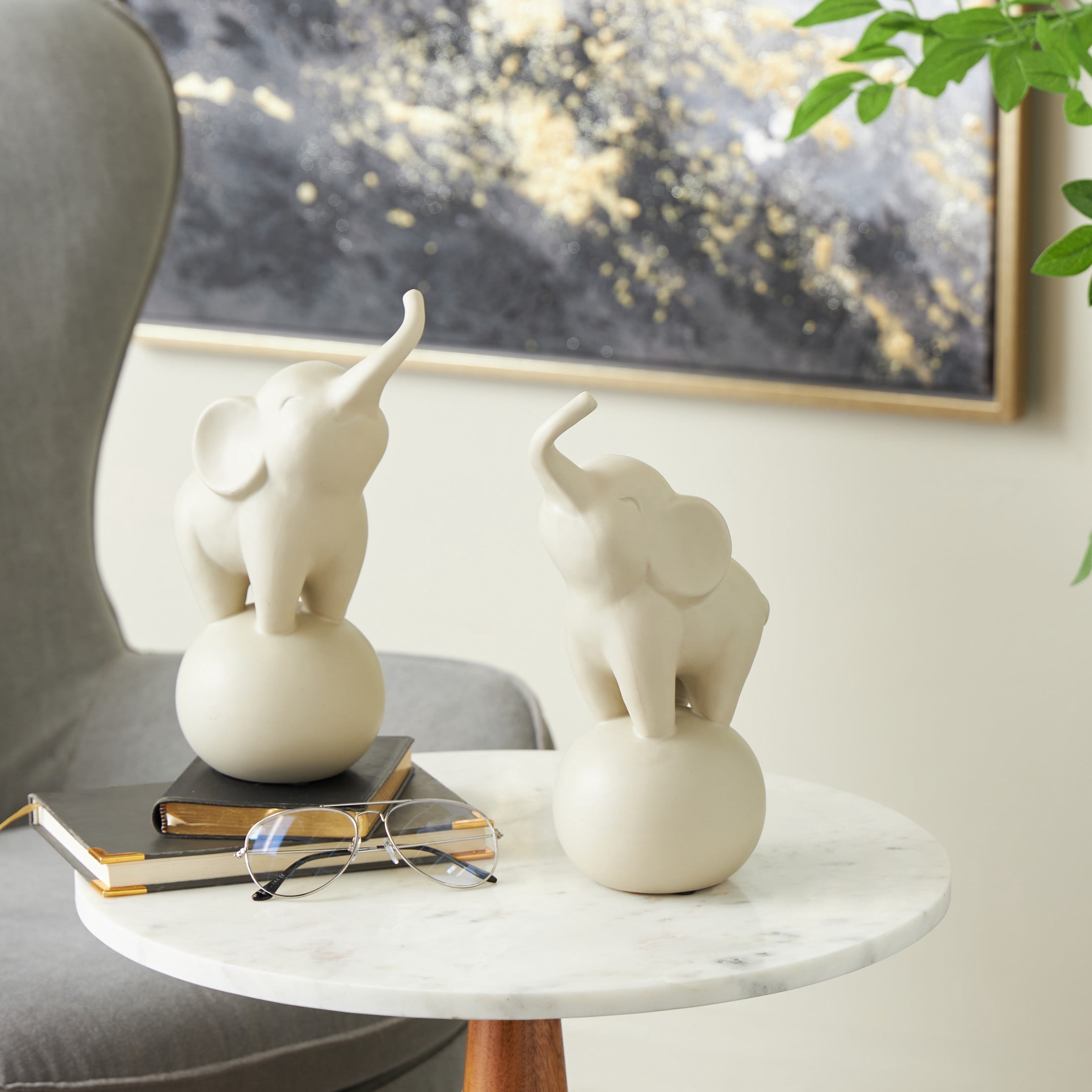 6"W, 11"H White Ceramic Trumpeting Elephant Sculpture with Round Base, by DecMode (2 Count)