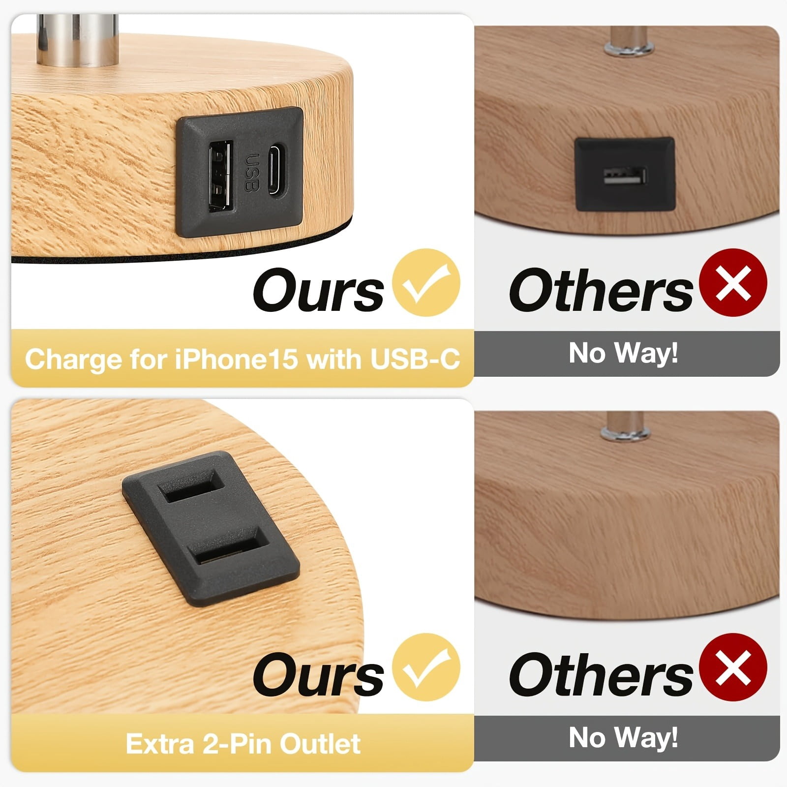 Dimmable Table Lamps with USB Charging Ports & AC Outlet, 3-Way Touch Control Bedside Nightstand Lamps, Wood/Metal Base, Modern Desk Lamps for Bedroom, Living Room, Office, Bulbs Included (1/2 Pack)