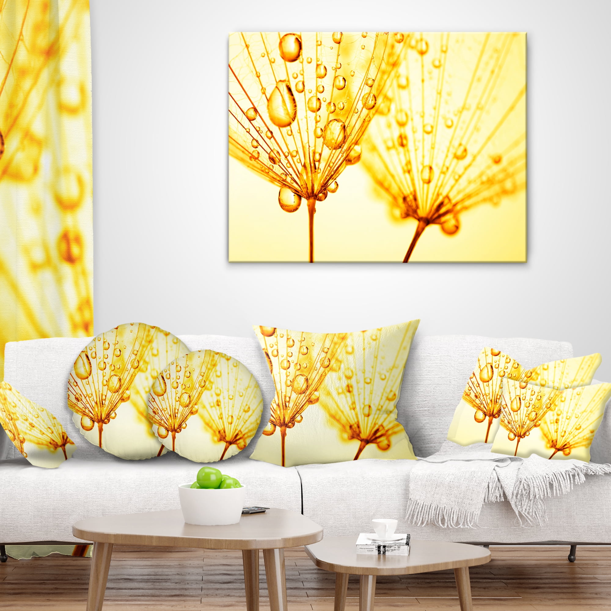 Designart Dandelion Seeds with Water Drops - Floral Throw Pillow - 18x18