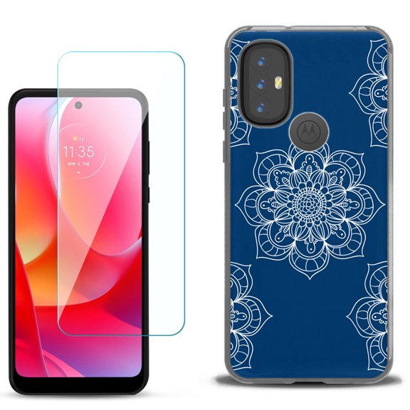 Slim-Fit Gel TPU Phone Case for Motorola Moto G Power 2022, with Tempered Glass Screen Protector, by OneToughShield ® - Mandala / Blue