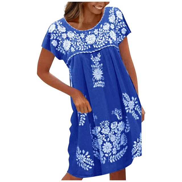 QIPOPIQ Robe Maxi pour Femme Plage Élégante à Manches Courtes Tendance Décontractée Robes Aguichant d'Été Robe à Volants Imprimé Floral Chandail à Enfiler Robe à Col Rond Offres 2023