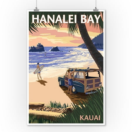 - Hanalei Bay, Kauai, Hawaii - Woody on Beach - Lantern Press Artwork (9x12 Art Print, Wall Decor Travel Poster)
