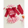thumbnail image 5 of BemeyourBBs Newborn Baby Girl My First Valentines Day Outfit Long Sleeve Letters Heart Printed Romper with Ruffle Skort Skirt Set Headband and Stockings 4Pcs Spring Clothes, 5 of 9