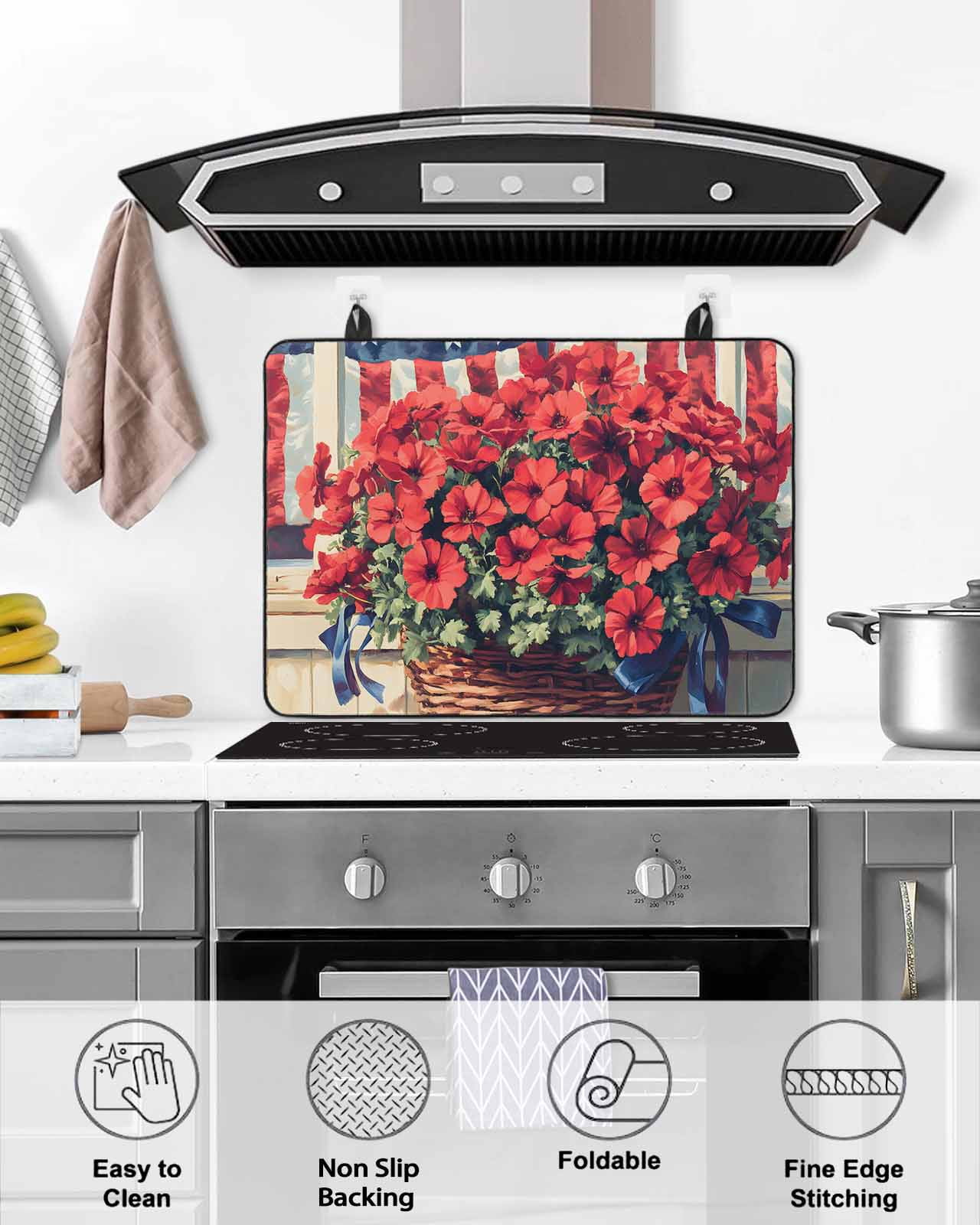 nqOlkjepod Large Induction Cooktop Protector Mat 24"x21", Independence Day Stove Top Covers for Electric Stove, Red Blue American Flag Flower Wood Stove Burner Cover Mats, Glass Top Stove Cover