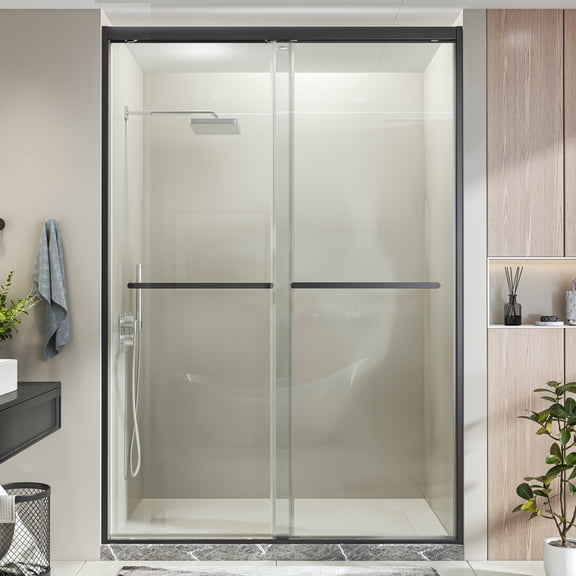 Hasipu 44-48" W x 76" H Shower Door, Semi-Frameless Double Sliding Shower Door with 5/16" (8mm) Crystal Clear Tempered Glass Door Bathroom Enclosure Matte Black