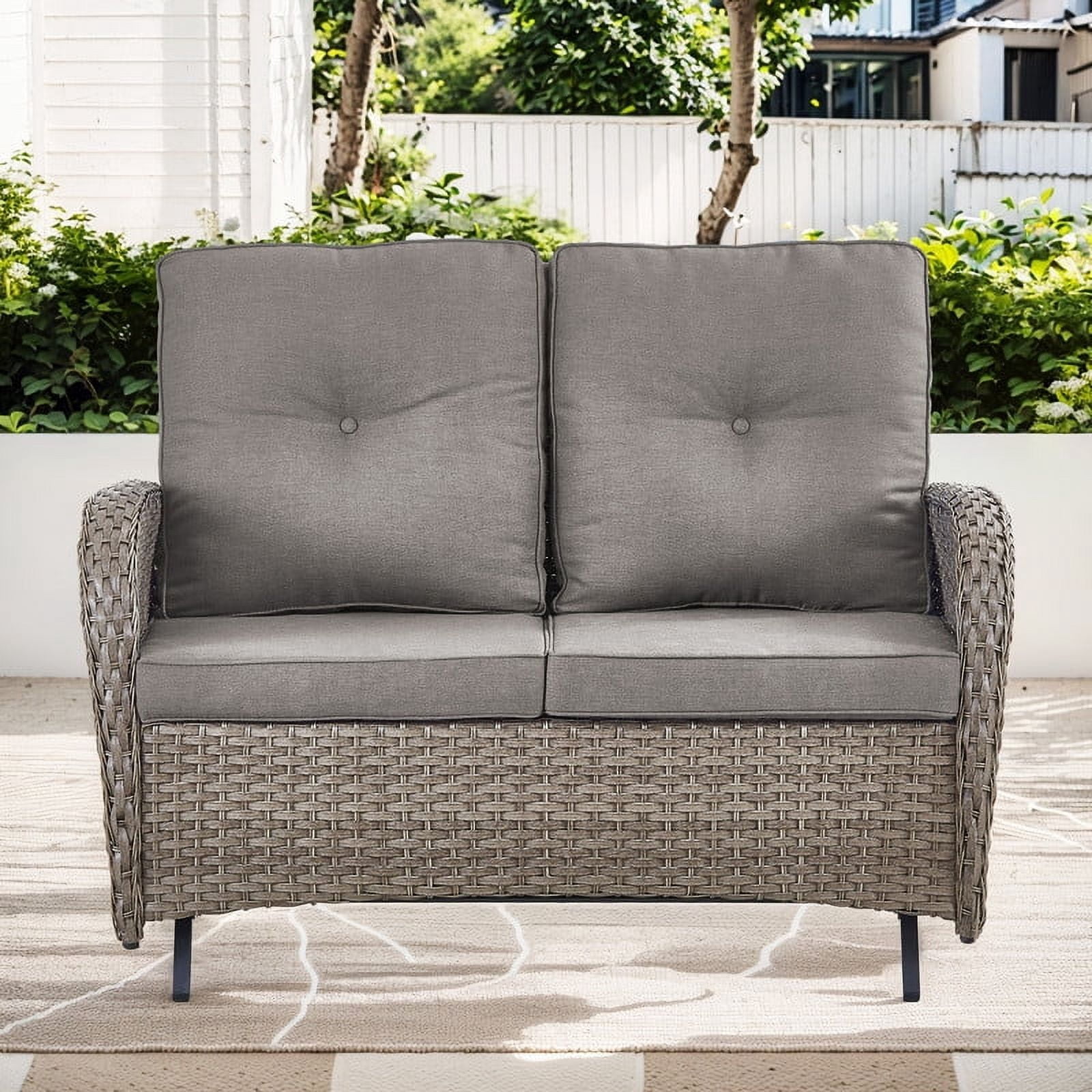 PARKWELL 7-Piece Outdoor Patio Conversation Set,Wicker 6-Seat High Back Furniture with Glider Loveseat, Swivel Gliders, Ottomans and Coffee Table,Gray Wicker Gray Cushions