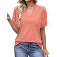 thumbnail image 4 of HUBERY Women V Neck Puff Short Sleeve Pleated Curved Hem Solid Color Top, 4 of 7
