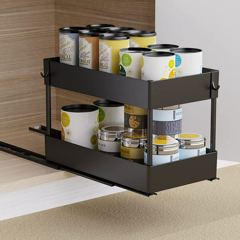 Pull Out Spice Rack Organizer for Cabinet, 2 Tier Slide Out Cabinet  Organizer 15 3/4L x 9 1/2W x 11H Black Sliding Spice Rack Upper Cabinet  for