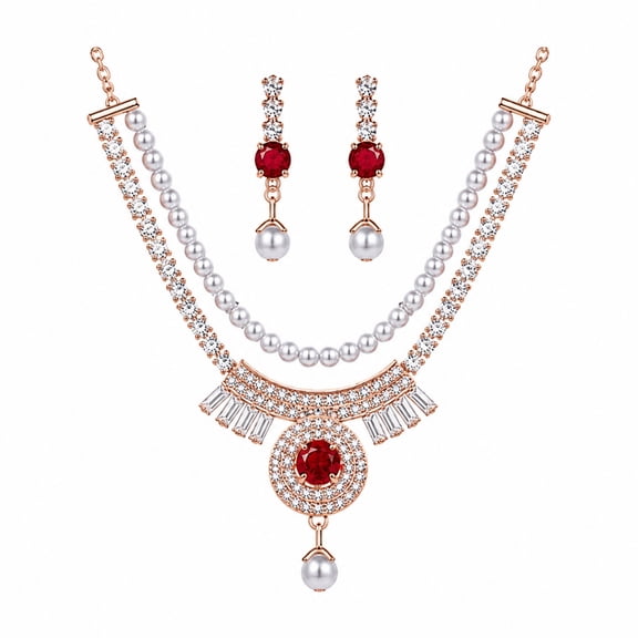 AlKhalil - Luxury Pearl & Ruby Crystal Necklace and Earrings Set – Elegant Bridal & Party Jewelry