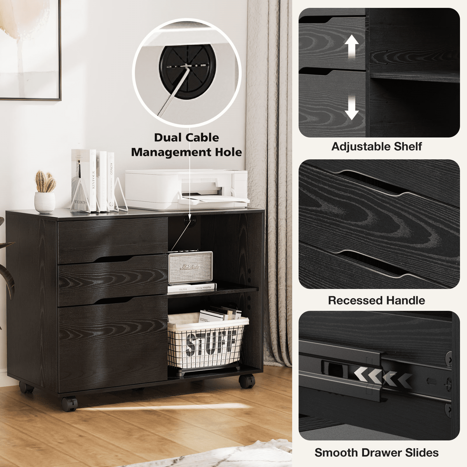 Gianna 3-Drawer File Cabinet with Wheels, Rolling Wood Printer Stand with Open Storage Shelves for Home Office, Black