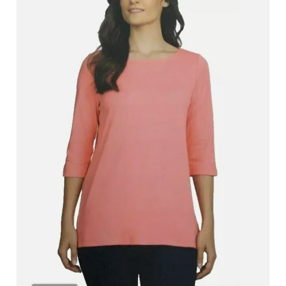 Lands' End 3/4 Sleeve Boat Neck Pima Cotton Tee, Pink, Medium