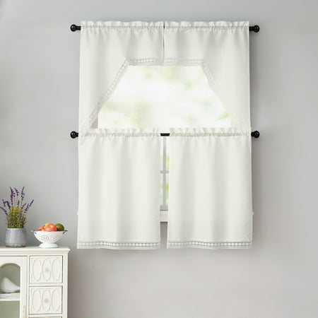 4 Piece Kitchen Window Curtain Set White Macrame Border 2 Swag