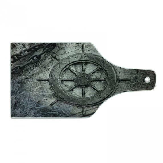 Ships Wheel Cutting Board, Retro Navigation Equipment Illustration Steering Helm Charts Anchor Chains, Decorative Tempered Glass Cutting and Serving Board, Wine Bottle Shape, Charcoal, by Ambesonne