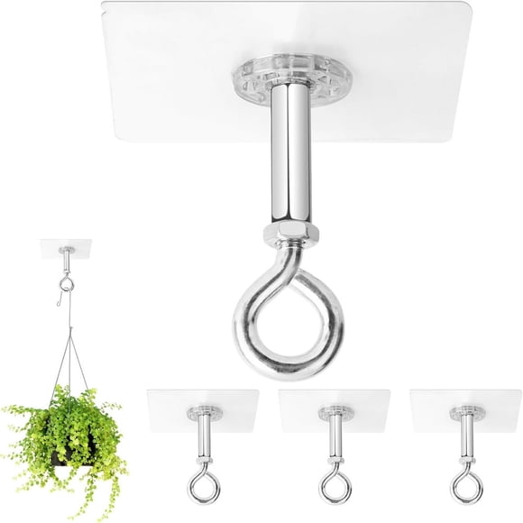 HLONK 2024 Adhesive Ceiling Hooks 4 Pack 30lbs Super Heavy Duty Command Ceiling Hooks for Hanging Plants Drill Outdoor Ceiling Hanger Stainless Steel Sticky Eyes Hooks