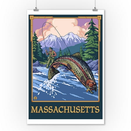 Massachusetts - Angler Fly Fishing Scene (Leaping Trout) - LP Original Poster (9x12 Art Print, Wall Decor Travel (Best Trout Fishing In Massachusetts)