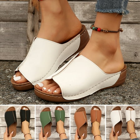 

Tnobhg 1 Pair Women Sandals Faux Leather Thick Soles Slip-on Open Toe Firm Stitching Solid Color Anti-skid Wear-resistant Lightweight Home Beach Wedge Sandals