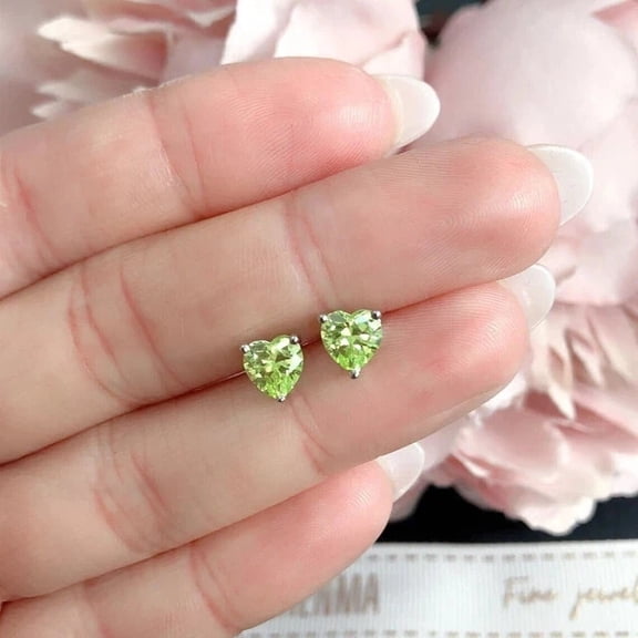 2 ct Heart Cut Lab Created Peridot Push Back Solitaire Stud Earrings 14k White Gold Plated