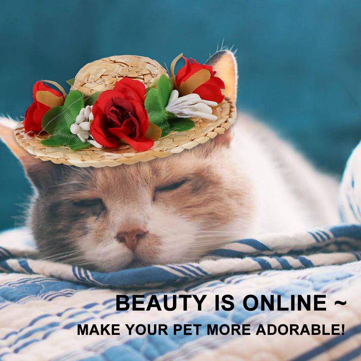 TABLZONE 1Pc Pet Flower Straw Woven Hat Comfortable Durable Headwear with Adjustable Strap for Cats Dogs