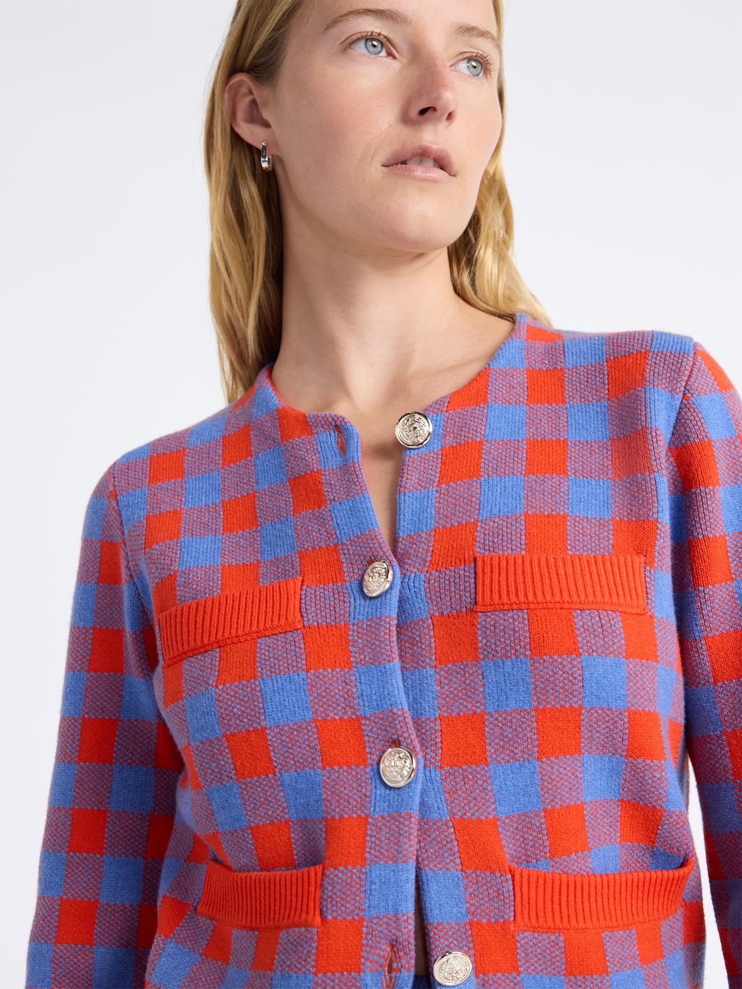 Free Assembly Women's Plaid Cardigan Sweater with Double Welt Pockets, Midweight, Sizes XS-XXL