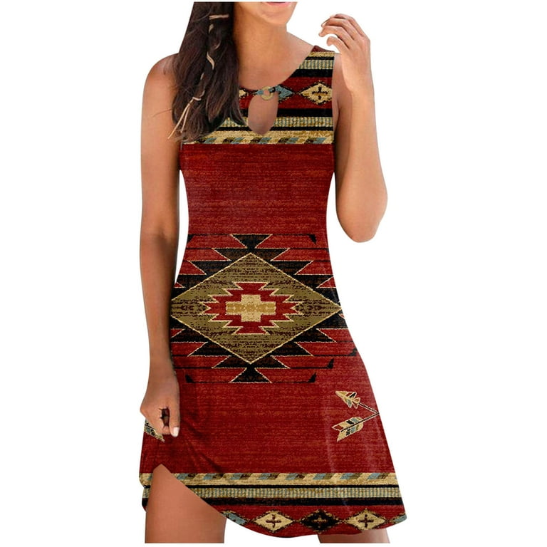 Finelylove Sundresse For Woman Dresses That Hide Belly Fat V-Neck Printed  Sleeveless Sun Dress Wine 2XL