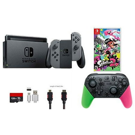 Nintendo Switch Bundle (7 items): 32GB Console Gray Joy-con, Nintendo Switch Pro Controller Splatoon 2 Edition, Game Disc Splatoon 2, 128GB Micro SD Card, Type C Cable, HDMI Cable Wall Charger