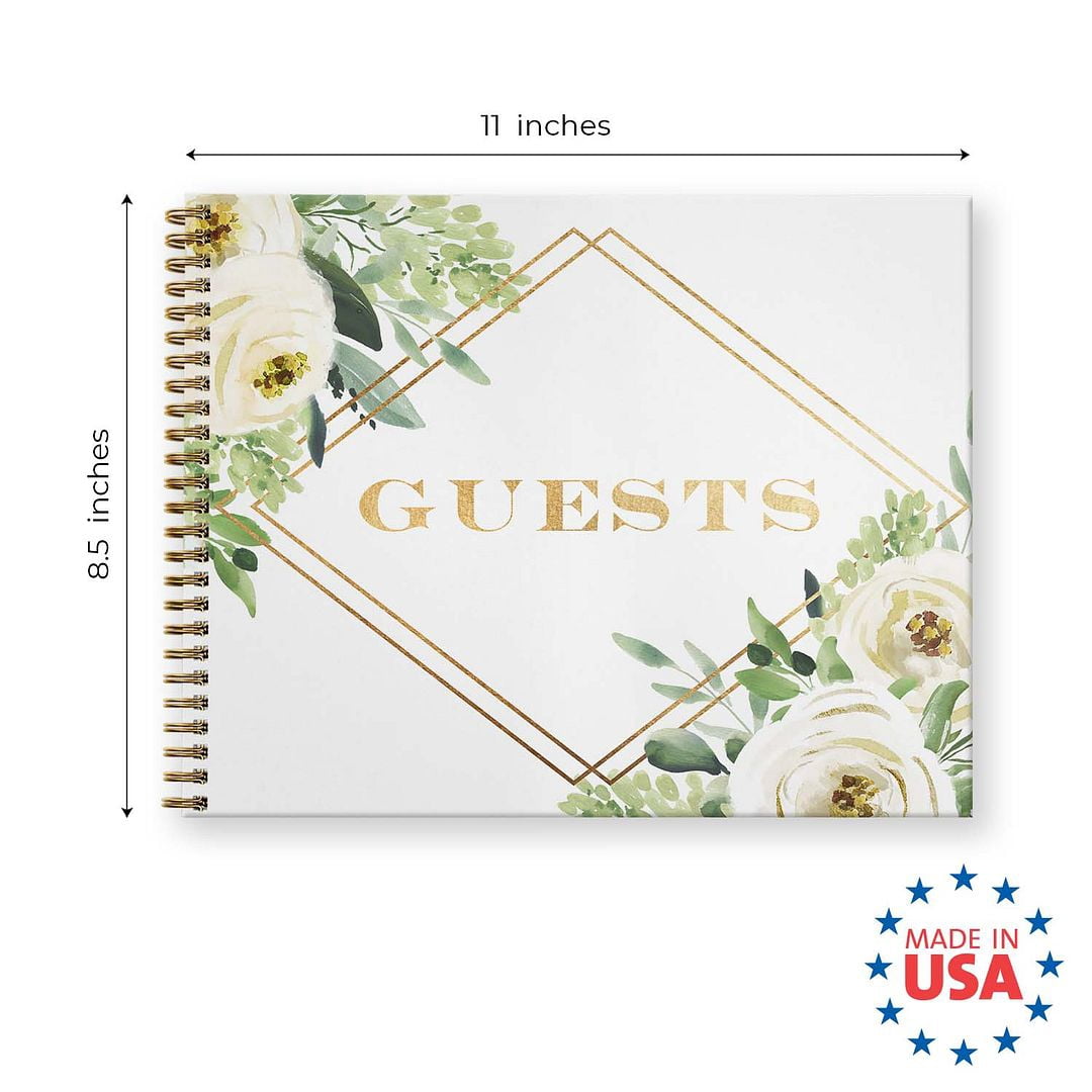 White Floral Wedding Hardcover Guestbook / 120 Lined Guest Signature Pages Inside / 11" x 8.5" Landscape Lay Flat Wedding Guest Book / Gold Metal Spiral Binding