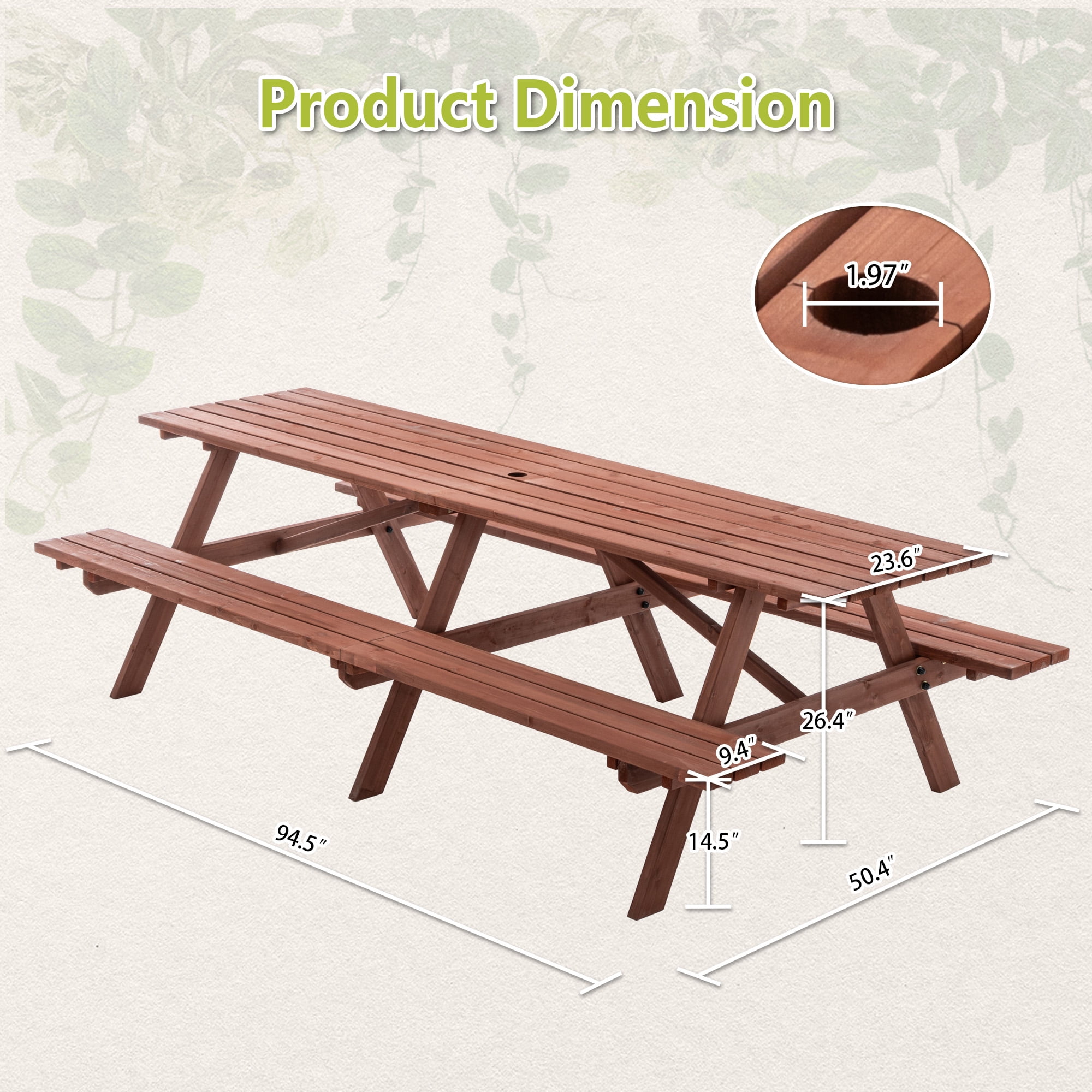 95 Inch Picnic Table,Extra Large 12-Person Wooden Picnic Table with 2 Built-In Benches,Outdoor Camping Dining Table for Backyard,Garden,Patio,2220 lbs Capacity