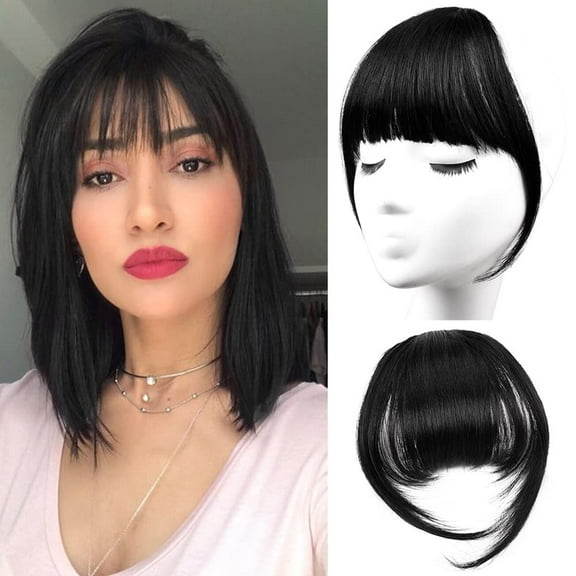 Korikoli Clip in Bangs 100% Remy Human Hair Extensions Clip on Fringe Air Bangs with Nice Net Natural Flat Neat Bangs with Temples One Piece Hairpiece Straight Natural Black for Women