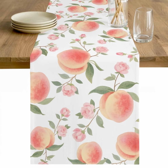 Peach Table Runner - 48 Inch Long Spring Floral Green Leaf Botanical Pink Fruit Cotton and Linen Blended Dress Scarves Farmhouse Table Runner for Kitchen Dining, Coffee Table, 13" x 48"