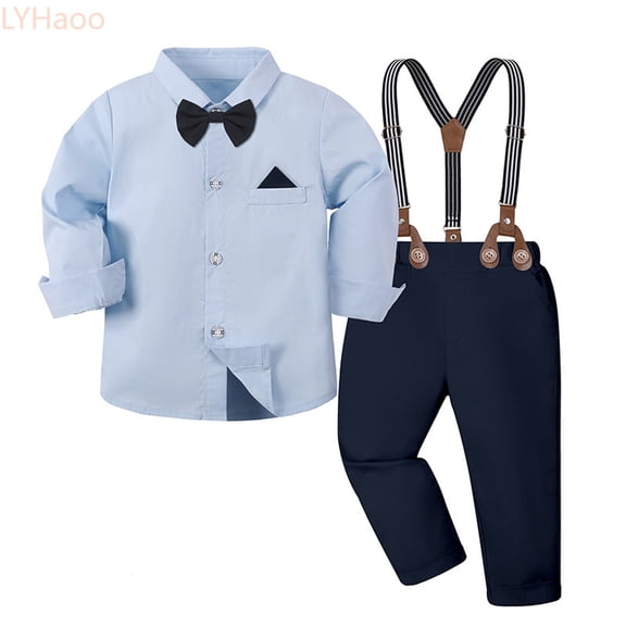 LYHaoo Stylish Boys Formal Wear Classic Suspenders And Long Sleeve Shirt Outfit Elegant Plaid Wedding Pageant For Toddler And Kids Boys Outfit Sets Sizes (18-24 Months)