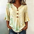thumbnail image 2 of OOOUM Woman 3/4 Sleeve Blouse Modern Fit Print Ruffle V Neck Basic Tops Stylish Comfortable Outfits Tees Light Yellow, 2 of 4