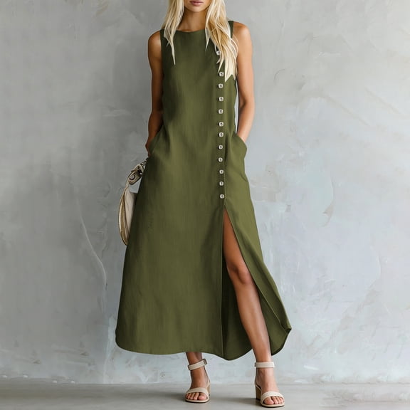 Guieoi Summer Dresses for Women under $10 Plus Size Decorative Button Cotton-Linen Loose-Fit Sleeveless Slit Hem Maxi Dress Green L