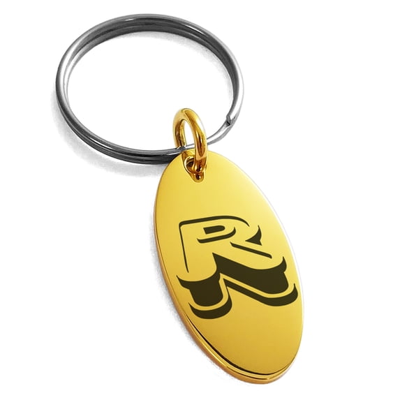 Stainless Steel Letter R Initial 3D Monogram Engraved Small Oval Charm Keychain Keyring