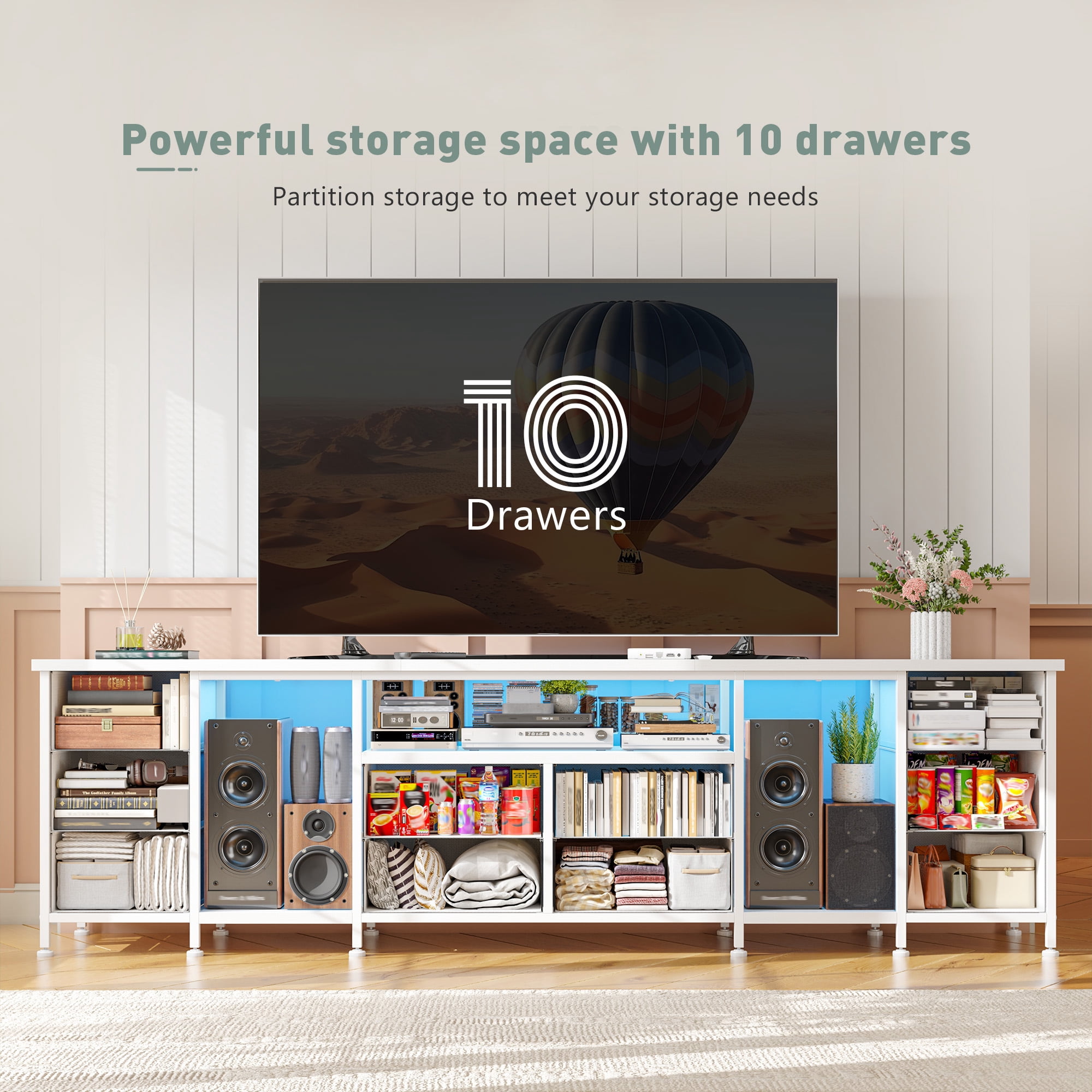 EnHomee TV Stand Dresser for 75 80 85 Inch TV Dressers for Bedroom with LED lights & Power Outlets TV stand with 10 Fabric Drawers and Entertainment Center,White