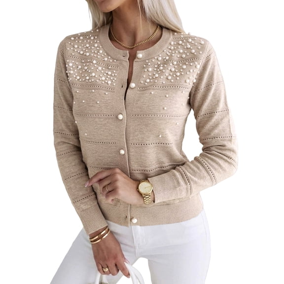 CHICME Pearl Beaded Cardigan Sweaters for Women Pointelle Knit Crew Neck Long Sleeve Button Front Lightweight Fall Sweater Khaki-L