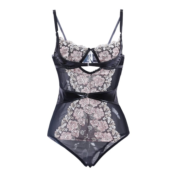 Levmjia Womens Spaghetti Strap Lace One Piece Lingerie Set Floral Sheer Mesh Bodysuit Adjustable Thin Straps Soft Lightweight Sleepwear Date Nights